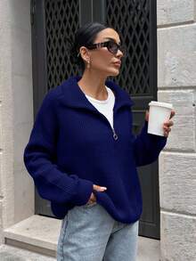 EURMUSE 女士拉链领宽松舒适保暖毛衣 - 藏蓝色 - 查看 6