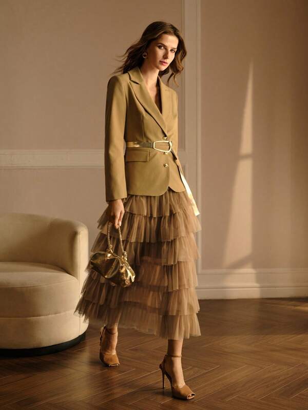 MOTF WOMEN'S ELEGANT CONTRAST MESH LAYERED HEM DRESS