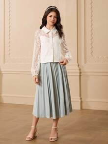 青少年蕾丝拼布领长袖衬衫 + 腰部褶皱优雅裙，万圣节和圣诞节服装 - 白色 - 查看 3