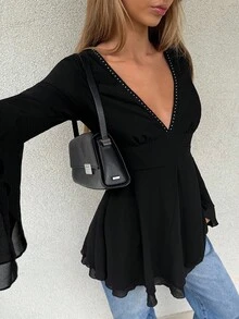 EgrlEra Women's Punk Style Black Mesh Deep V-Neck Riveted Waist Flare Sleeve Ruffle Hem Party Dress, Suitable For Parties And Dates