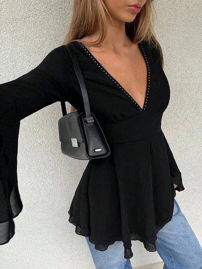 EgrlEra Women's Punk Style Black Mesh Deep V-Neck Riveted Waist Flare Sleeve Ruffle Hem Party Dress, Suitable For Parties And Dates