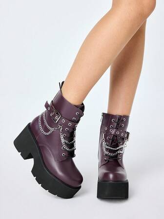 Grunge Punk Women's Punk Style Thick Sole Chunky Heel Ankle Boots, Gothic Metal Chain Decor Platform Wedge Combat Boots, Comfortable