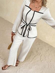 SHEIN Frenchy 2pcs Women Set: Long Sleeve Knotted Waist Top And Loose Pants Winter Casual - Apricot - View 3