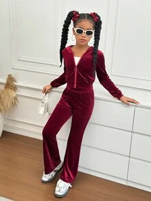 SHEIN Tween Girls' Velvet Hoodie & Sweatpants Set, Casual Sportswear Fall Winter - Burgundy - View 5