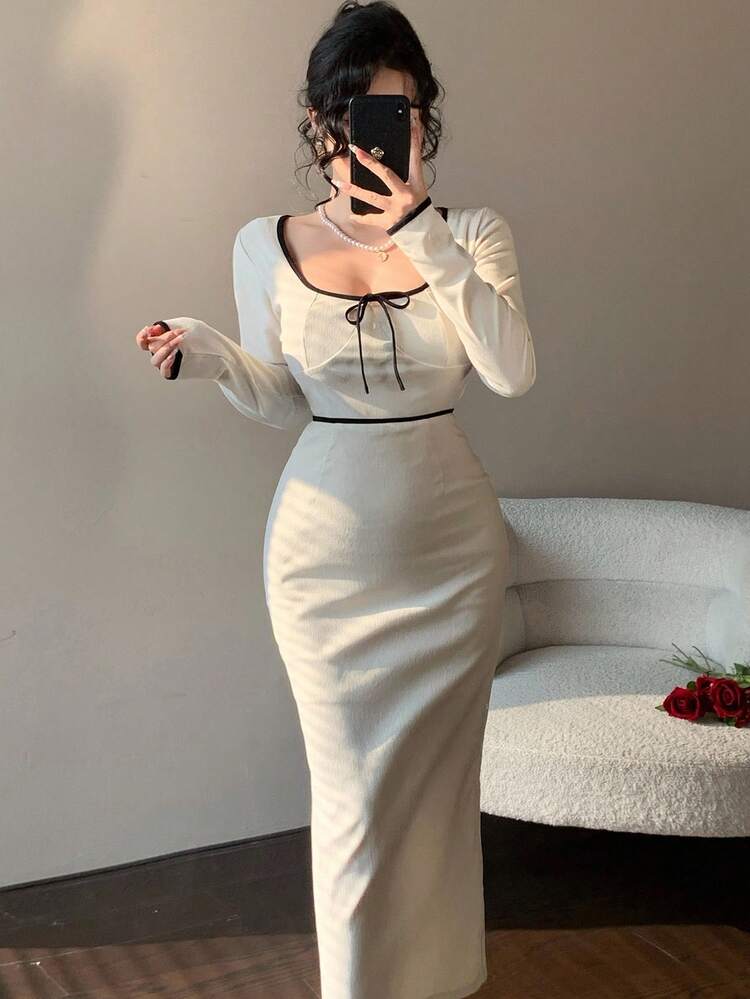 Autumn Fashion Color Block Splice Fitted Waist Elegant Casual Square Neck Bowknot Decor Wedding Party Cocktail Long Sleeve Midi Dress For Women