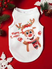 PETSIN 2pcs Pet Christmas Cat Dog Universal Apricot Red Set Christmas Elk Snowflake Cartoon Illustration Fashion Cute Print Elastic Comfortable Dog Christmas Tank Top