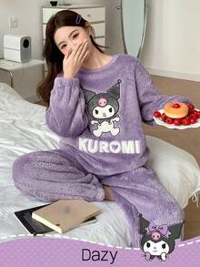 HELLO KITTY AND FRIENDS | SHEIN 女士宽松卡通刺绣上衣和裤子睡衣套装，秋冬季服装 - 紫色 - 查看 6