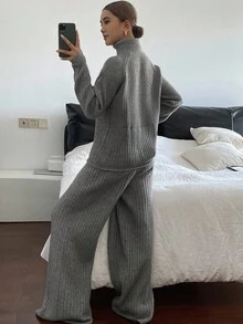 DAZY 女士秋季高领系带上衣和宽松长裤针织两件套 - 深灰色 - 查看 2
