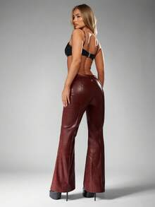MISSGUIDED 女士高腰仿皮喇叭裤，秋冬纹理PU喇叭裤，圣诞节款 - 酒紅色 - 查看 4
