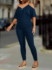 Plus Size Round Ring Decoration Zipper Shoulder-Baring Sleeve Top And Solid Color Long Pants Summer Casual 2pcs/Set - Navy Blue - View 4