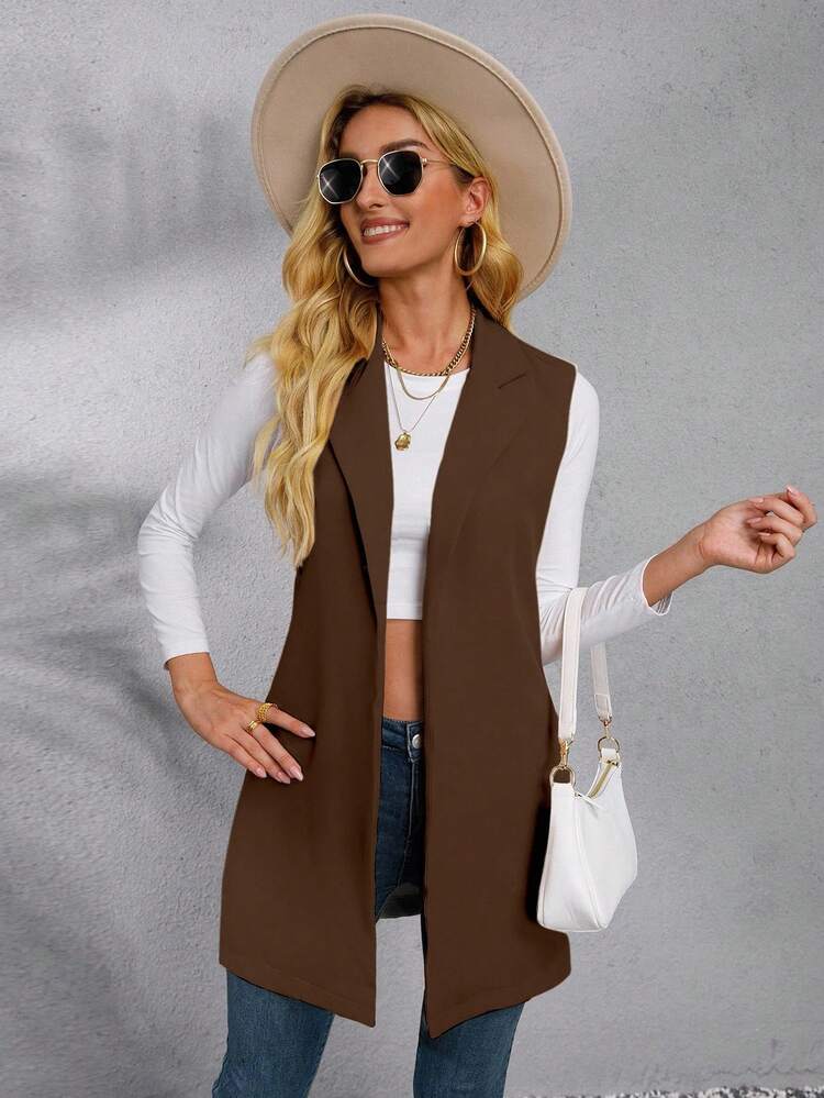 EMERY ROSE 女式纯色斑驳翻领前开襟无袖休闲西装外套 - 棕色 - 查看 6