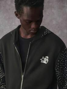 STYNVO Men's Rhinestone Decor Letter Graphic Zip-Up Long Sleeve Hoodie Sweatshirt, Rhinestone Zip Up Street Wear, Fall - Black - View 4