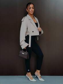 SAYEHFBABY Women's Notched Lapel Button Front Long Sleeve Short Trench Coat, For Daily Casual - Khaki - View 6
