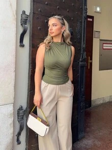 Jeta Ari 女式纯色褶领休闲背心，夏季 - 軍綠色 - 查看 5