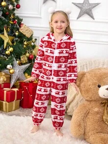 SHEIN Young Girls' Christmas White Winter Double-Sided Fleece Hooded Jumpsuit - Red and White - View 4