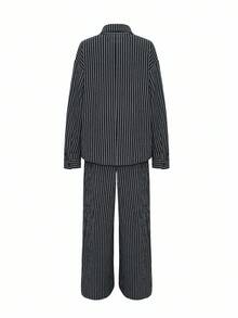 Livesso Bộ 2 món áo len cardigan kẻ sọc công sở rộng rãi, thoải mái cho nữ và quần ống rộng, phù hợp cho mùa thu đông - màu đen - Xem 8