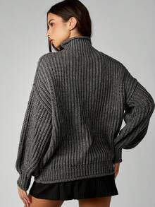 MISSGUIDED Chunky Cable Knit Turtleneck Sweater Oversized Fall Winter Pullover - Dark Grey - View 2