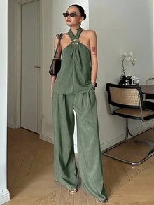 两件套复古硬币装饰露背上衣和裤子，女士休闲夏季家居服套装 - 墨綠色 - 查看 4