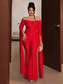 Maweii جمبسوت حمراء مثيرة للمقاسات الكبيرة بالكتف المكشوف، مثالية لحفلة رأس السنة الجديدة.