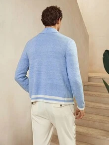 Manfinity CityGents Áo khoác len cardigan vải hỗn hợp màu sắc theo phong cách Blogger dành cho nam, hàng mới về từ Châu Âu và Châu Mỹ, phong cách Old Money, Thu Đông - Màu xanh nhạt - Xem 3