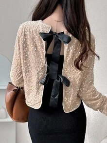 FRIFUL Women's Apricot Sequin Textured Fabric Round Neck Long Sleeve Bowknot Back Loose Casual Versatile T-Shirt, Autumn/Fall Glitter Top School - Apricot - View 5