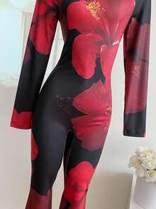 SHEIN 1pc Floral Print Jumpsuit For Teen Girl High Stretch Tight Fitting, Crew Neck Long Sleeve, Autumn Fall Winter - Black - View 9