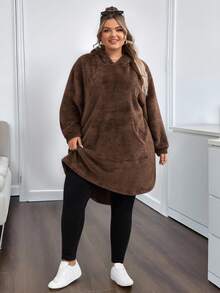SHEIN CURVE+ Plus-Size Women's Solid Color Hooded Animal-Ear Mid-Length Sweater In Fall/Winter - Brown - View 7