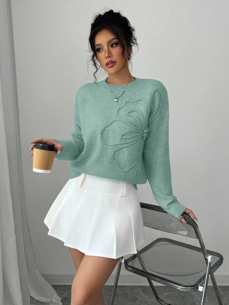 Elenzga Women's Crew Neck Floral Pattern Solid Color Pullover Sweater - Mint Green - View 1