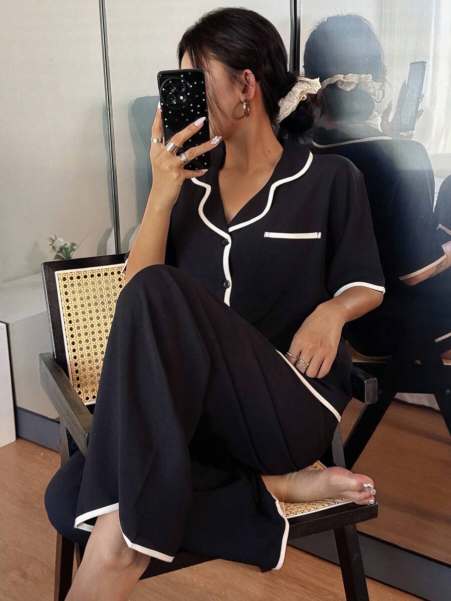SHEIN Contrast Trim Lapel Casual Loose Short Sleeve Pajama Set Black Pj Set Women Black Pajama Set V Neck Pajama Set - Multicolor - View 1