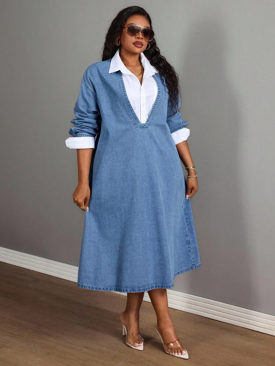 Slaydiva 大码女式休闲宽松深V领长袖牛仔连衣裙 - 中等水洗藍 - 查看 1
