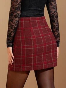 Amorya 女士优雅高腰红色格子复古 A 字裙，适合日常和多场合，秋季 - 紅色 - 查看 12