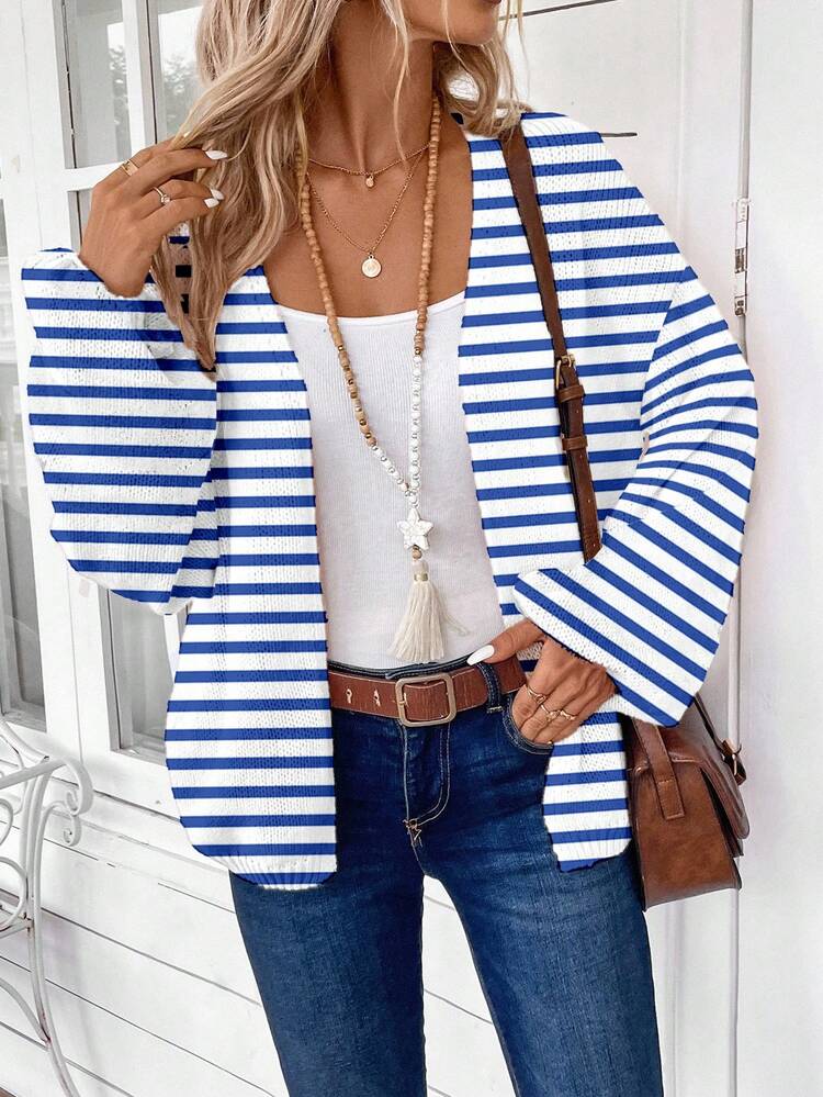 Women's Casual Color Block Drop Shoulder Striped Cardigan In Fall/Winter