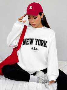 SHEIN EZwear 2pcs/Set Casual Loose Round Neck New York Letter Print Sweatshirt And Skinny Leggings, Suitable For Street Style, Chic,Fall