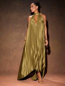 Hauture 性感优雅度假褶皱纯色高低露背立领挂脖长裙 - 灰綠 - 查看 4