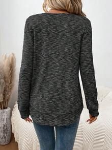 SHEIN LUNE 女式不对称下摆花卉网眼华夫格纹理休闲运动家居服优雅套头衫，适合秋冬季 - 深灰色 - 查看 2