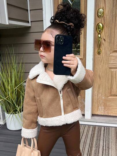 Emery Rose Kids Emery Rose Kids 少女保暖内衬拉链夹克，翻领，卡其色，温暖的冬季外套，适合户外、派对、雪地玩耍，适合通勤和户外穿着，