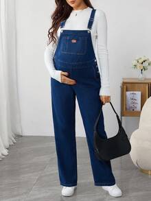 SHEIN 休闲百搭宽松日常孕妇牛仔背带裤 - 藍色 - 查看 1