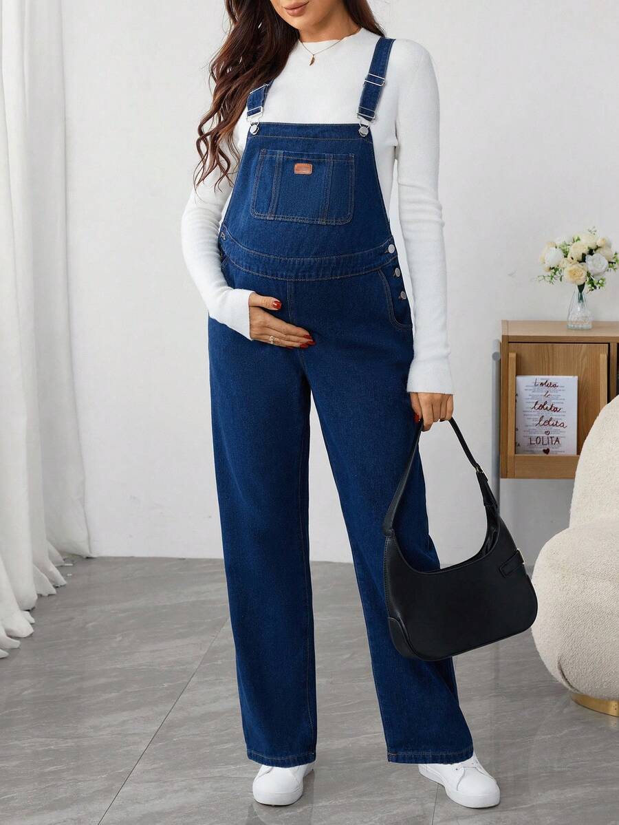 SHEIN 休闲百搭宽松日常孕妇牛仔背带裤 - 藍色 - 查看 1