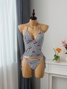 Bellisia 樱桃格子比基尼套装 露背款，夏季