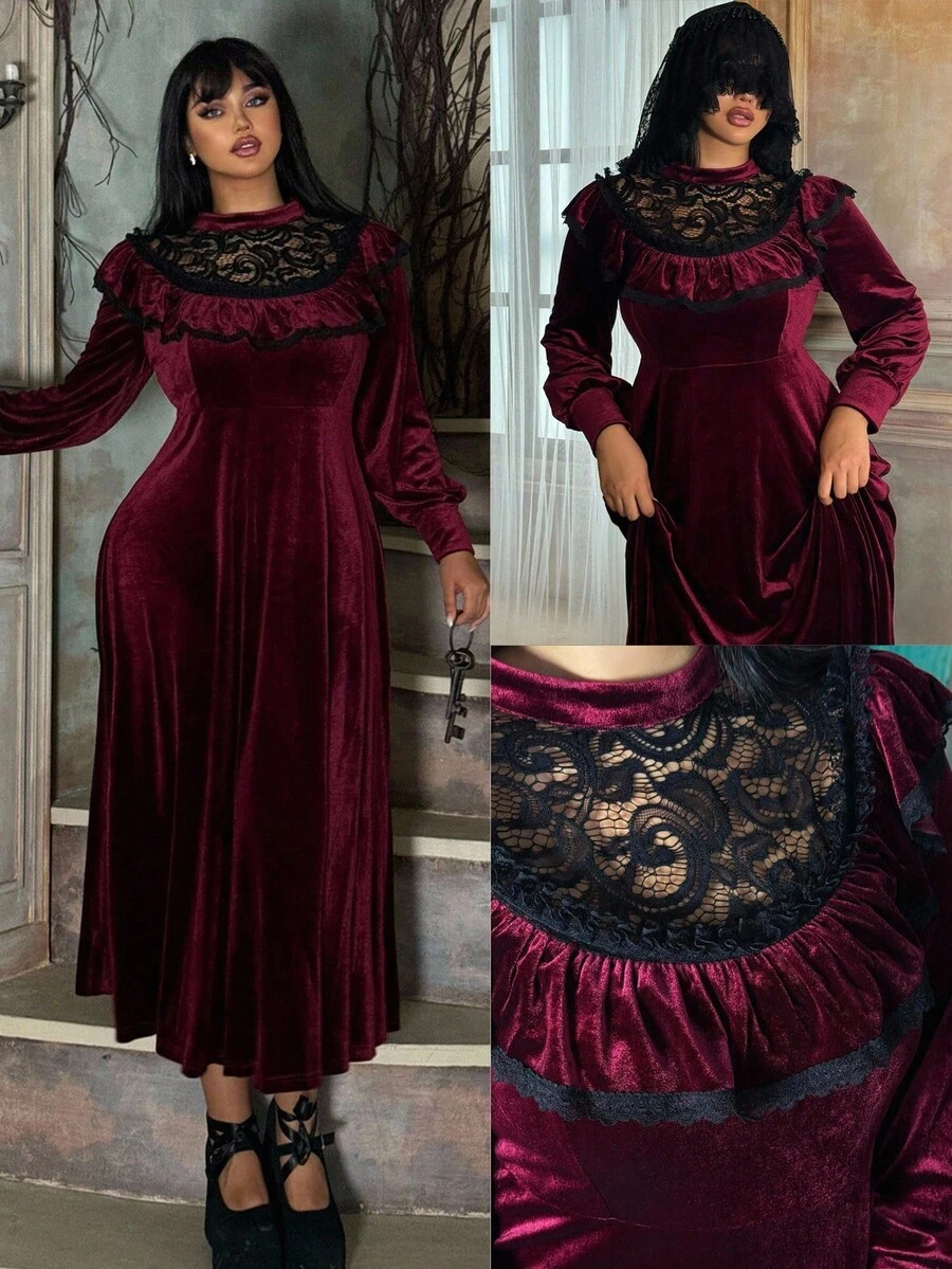 Lyrianda Plus Size Halloween Velvet Lace Patchwork Ruffle Hem Punk Dress