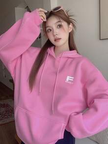 DAZY Thermal Lined Loose Fit Letter Graphic Hoodie For Women , Women Hoodie Sweatshirt Fall,Winter - Pink - View 6