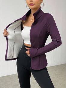 EMERY ROSE 1pc Women's Solid Color Zip-Up Long Sleeve Fitted Fleece Jacket - Purple - View 6