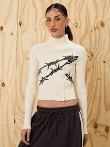 COUREZ Asymmetric Zip Up Fitted Rib Knit Jumper With Graphic /Y2K Going Out For Women Spring For Women Going Out Tops Rave Women's Spring Sweater - Apricot - View 2