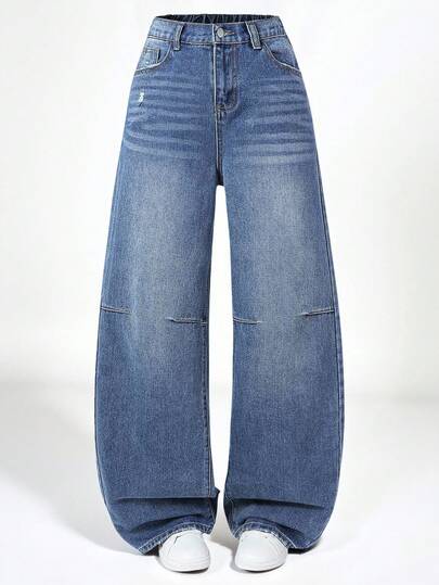 SHEIN Explorewe Teen Girls' Y2K Casual Elastic Waist Washed Blue Wide Leg Jeans, Basic Straight Leg Denim Pants, Suitable For Daily Wear, School, Home, Back To School Season, Holidays Basic Straight-Leg Jeans, Medium Blue Jeans, Frosted White,  Preppy Street  Casual Vintage, Cut, Comfortable Cotton Denim, Daily Outing, School Commuting, Party, Home, Back-To-School Season Halloween Christmas Teen Loose Jeans