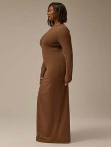 MUSERA Robe longue moulante à manches longues Plus Size, Robe de soirée de base sexy, Courbe Toffee - Tabac - Voir 2