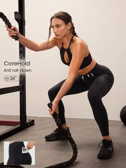 GLOWMODE Mallas sin costuras con control de barriga, acolchado y bolsillos laterales de 26" CoreHold FeatherFit™-Sculpt Lunge & Lounge, adecuadas para entrenamiento de impacto medio, running, jogging y gimnasio