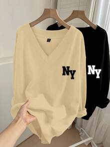 EMERY ROSE 2 piezas Sudadera de felpa con cuello en V de unicolor para mujer talla grande con estampado de NY, versátil para otoño/invierno