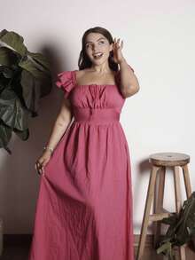 Lupita Cardoza New Square Neck Layered Ruffle Sleeve Bow Front Tie Back Design Fashionable Young Lady Casual Fitted Waist Slimming Elegant Women Dress - Hot Pink - View 5