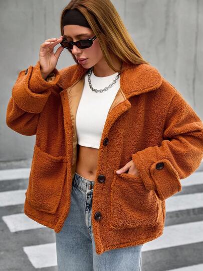 EURMUSE Women, Autumn, Crop Length, Orange, Teddy Bear, Coat Orange Jacket Oversized Jacket Orange Outfit Women Fall Clothes For Women Orange Cardigan