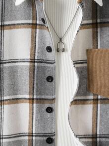 1 件休闲格子拼接灯芯绒领口袋夹克，适合青少年男孩，适合秋冬休闲装和学校 - 彩色 - 查看 4